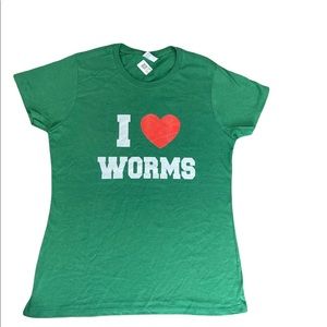 Women’s I Love Worms T Shirt Funny Color Grees New Size M (C6)